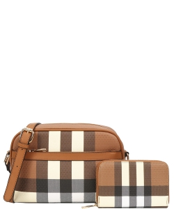 2in1 Plaid Zipper Crossbody with Wallet Set LM-8907-A BROWN